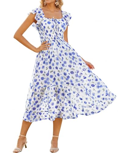 Image of GRACE KARIN 2026 Women's Spring Floral Midi Dress Square Neck Beach Wedding Guest Dresses Flowy A Line Casual Summer Clothes