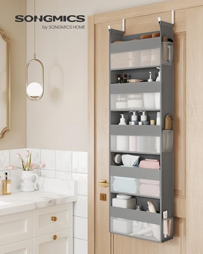 SONGMICS Over The Door Organizer, Hanging Door Organizer with 5 Large Pockets, 5-Tier Fabric Storage, Transparent Nylon Mesh, Foldable, Metal Hooks, with Side Pouches, Dove Gray URDH007G01 image 2