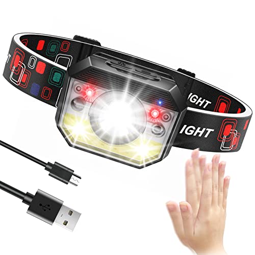 Linterna Frontal LED, Super Brillante COB Linterna Cabeza USB Recargable con 11 Modes de Luz, Sensor de Movimiento, Ajustable Impermeable Ideal para Correr, Camping, Excursión, Pesca