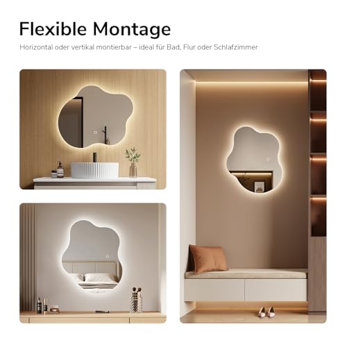 EMKE Badspiegel mit Beleuchtung Asymmetrisch 60 × 50 cm, 3 Lichtfarben – Ansicht 6