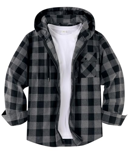 Image of ZITY Mens Hoodies Flannel Shirt Long Sleeve Plaid Shirts Thin Zip Lumberjack Shirt Casual Button Down Checkered Flannel Top with Pocket M-3XL Dark Grey