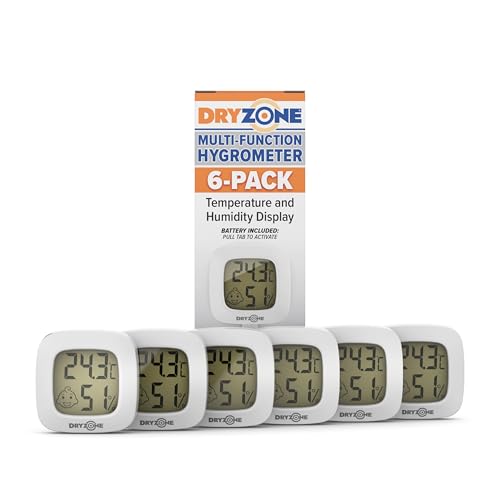 Dryzone Hygrometer (White 6-Pack) Mini Magnetic Digital Thermometer & Hygrometer - Room Temperature & Humidity Monitor with Emoticon Display. Compact Indoor Sensor for Condensation & Mould Prevention