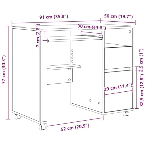 Bureau gain de place pour petit espace table roulettes chêne tiroir - 3