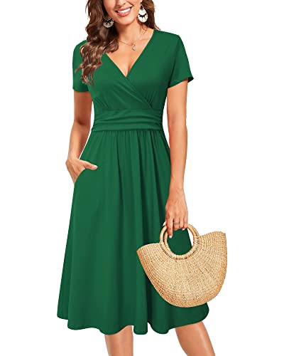 Image of OUGES Casual Summer Dress for Women Wrap V Neck A Line Midi Dresses with Pockets
