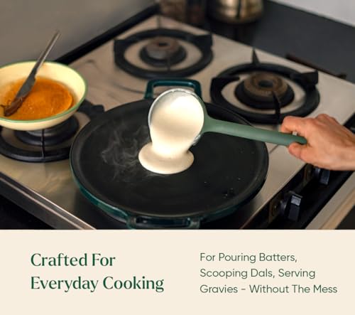 Image of Ember Cookware Silicone Ladle 30.5 cm | 230C Heat Resistant | Platinum Grade Food Safe Soup & Curry Ladle | Deep Bowl Serving Spoon for Cooking | Non Scratch Seamless Unibody Design | Green