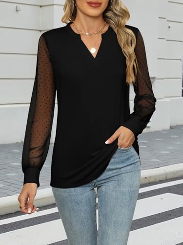 Women's Mesh Long Sleeve Shirts Dressy Casual V Neck Blouses Business Work Tops2