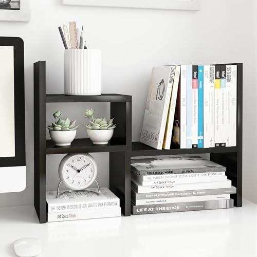 Image of Jerry & Maggie Desktop Organizer Office Storage Rack Adjustable Wood Display Shelf, Birthday Gifts Toy Home Decor Free Style Rotation Display True Natural Stand Shelf (Black)