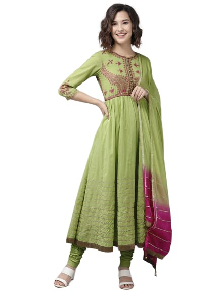 Rain & RainbowWomen Green & Magenta Yoke Design Pure Cotton Kurta with Churidar & Dupatta