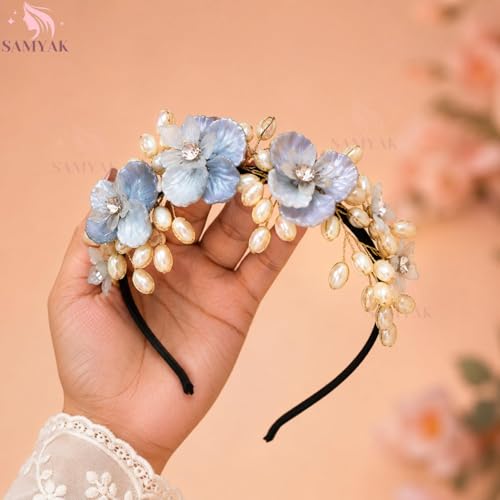 Image of Samyak Pearl & Crystal Hair Band Accessories For Women & Girls, Stylish Tiara Headband For Wedding Party Juda Bun Fashion For Bridal Hair Decoration Accessory