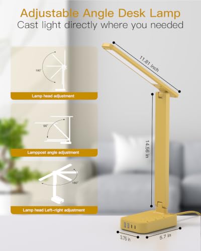 Image of Addtam LED Desk Lamp, Power Strip with 3 Outlets 4 USB Charging Ports(2 USBC), 4 Modes 5 Level Brightness Touch Lamp, Small Desk Lamp for Home Office College Dorm Room Essentials, Yellow