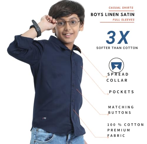 Image of Red Nine Rocket Science Boys' Solid Satin-Finish Poly Cotton Shirt | Single Pocket, Spread Collar, Long Sleeve, Casual