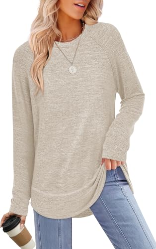 Sampeel Womens Early Fall Fashion 2025 Tunic Tops for Women Loose Fit Dressy Casual Sweaters Long Sleeve Shirts Fall Clothes Outfits Beige L