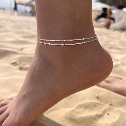 Image of Freekiss Sterling Silver Ankle Bracelets for Women: Dainty Layered Waterproof Anklet for Women Adjustable Womens Anklet Set Stackable Figaro Beaded Cuban Link Anklets Beach Jewelry for Women