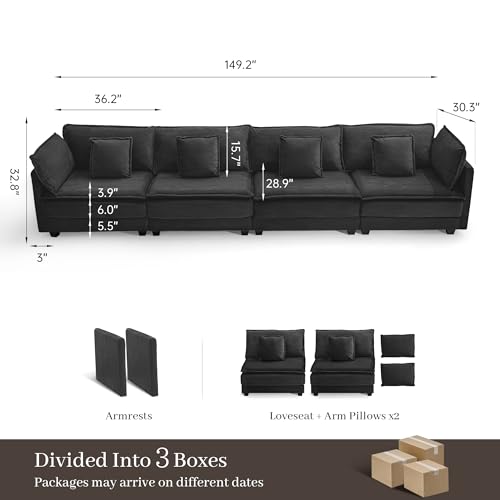 Image of Corduroy Sectional Couch, 4 Seater 149.2 inch Cloud Couch, Modular Deep Seat Sofa with Pillows for Living Room, Apartment, Black