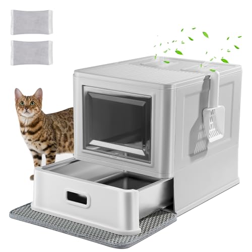 Marchul Enclosed Stainless Steel Cat Litter Box with Lid & Drawer Design for Indoor All Lifestyles Cats, Metal Covered Cat Litter Box, Baffles for Ant