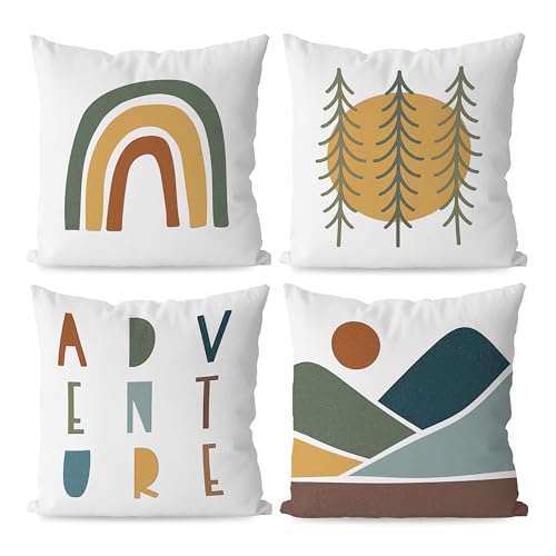 Keuspi 148 Kids Decorative Pillow Covers, Adventure Camper Kids Room Rainbow Sun Mountain Throw Pillow Cover cover
