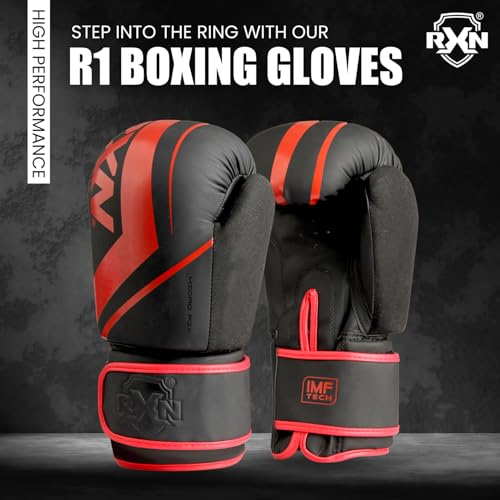 Image of RXN R1 Boxing Gloves with Microfiber Thumb, Premium, High-Performance & Durable for Men, Women & Kids, Training, Kickboxing, Taekwondo, MMA, Muay Thai & Martial Arts (Black /Red, 8oz)