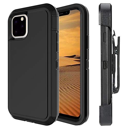 HONTECH Holster Case for iPhone 11, Heavy Duty Belt Clip Hard PC Case with Built-in Kickstand Full Body Protection Combo Shell (6.1 inch 2019), Black-Black