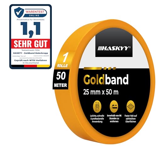 HASKYY Goldband 25mm x 50m Malerkrepp Kreppband 1x Malerband - Große Auswahl - Profi Abdeckband Malertape Klebeband Washi Tape Gold Papiertape Selbstklebend