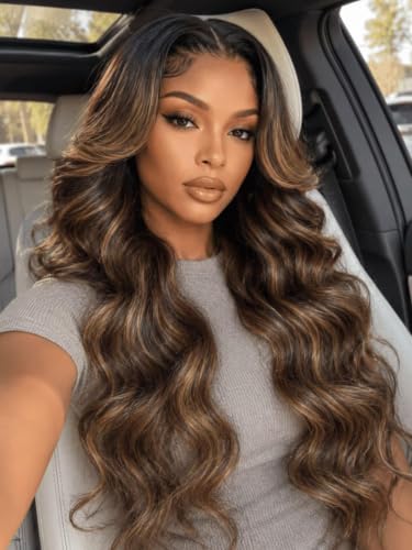 Image of Beauty Forever 7x5 Bye Bye Knots 2.0 Balayage Brown Highlight Body Wave Glueless Wig Human Hair Wear and Go Lace Front Wig Pre Cut HD Lace Pre Plucked Drawstring Wig 150% Density 18 Inch