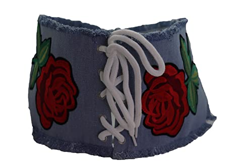 Women Fashion Wide Waistband Light Blue Denim Fabric Corset Belt High Waist Red Rose Flower M/L