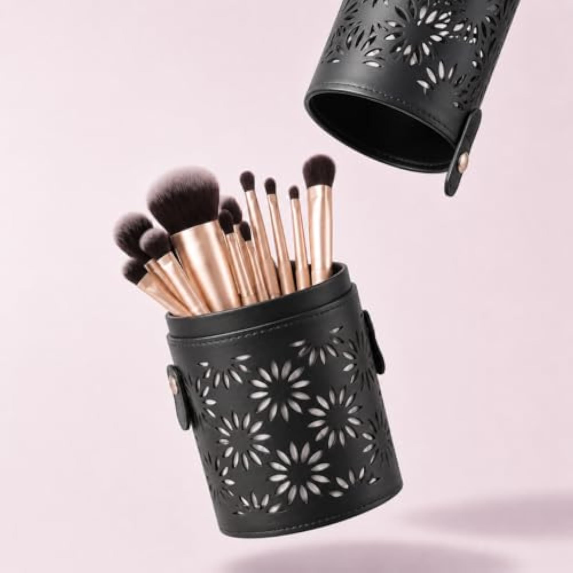 Women's Floral Cutout PU Leather Makeup Brush Holder