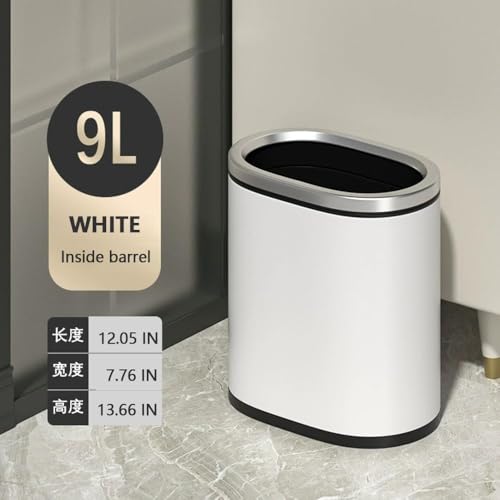 Image of 2.4 Gallon Small Kitchen Trash can, White and Silver Garbage Can, Open Top, Narrow Tiny Waste Basket, for Near Desk Bathroom Bedroom Office Hotel Home (White)