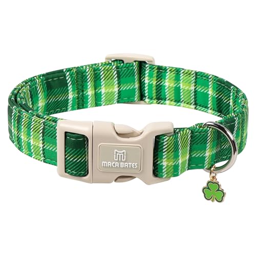 Maca Bates Spring Green Dog Collar with Clover Charm Irish Plaid Pattern for Small Girl Boy Dogs Adjustable Durable Soft Gingham Collars for Male Female Puppy