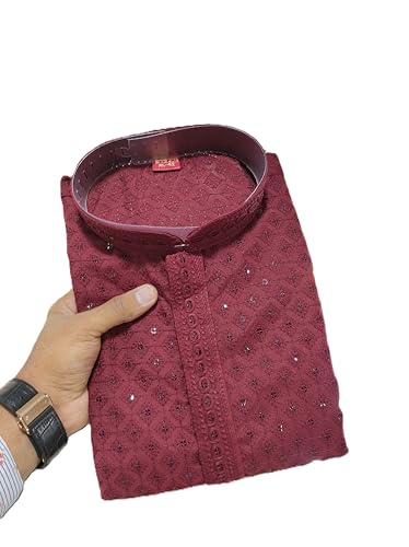 Estationeryhouse Straight fit Men's Kurta Pajama in Cotton (Rayon) Heavy Embroidery work Front and Back (Comes with white pajama) (Maroon, XXL)
