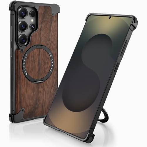 OATSBASF Magnetic Wood Case Compatible with Samsung Galaxy S25 Ultra, [Natural Wood & Aluminum] Shockproof Protective Cover Unique Wooden Case with 360° Ring Stand, Black