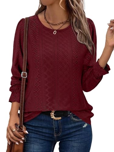 KISSMODA Women Eyelet Tops Long Sleeve Casual Office Blouse 2025 Ladies Trendy Autumn Fashion (S-3XL)