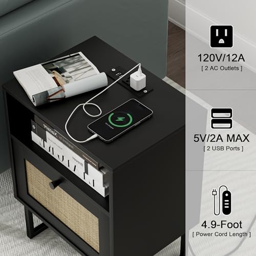 Image of Masupu Extra Large Rattan Nightstand,Boho Night Stand Modern Farmhouse Wood Bedside Table with Storage Drawer and Open Shelf,Side End Table for Bedroom,Living Room,Black