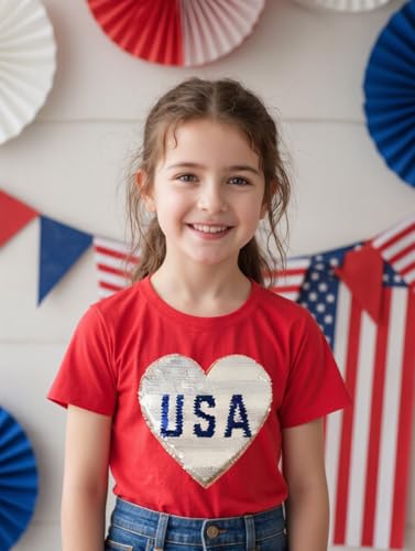 Image of Mrocioa American Heart Flag Girls 4th of July Shirt USA Patriotic Kids Sequin T-Shirt for 2-7 Years