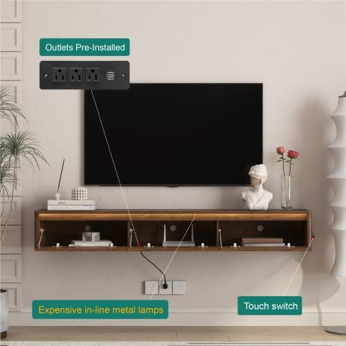 Floating TV Stand Wall Mounted Media Console with LED Light Strip & Power Outlet, Modern Wooden TV Shelf with 3 Power Sockets & 2 USB Ports, Wall Hanging TV Cabinet with Storage for Living Room,