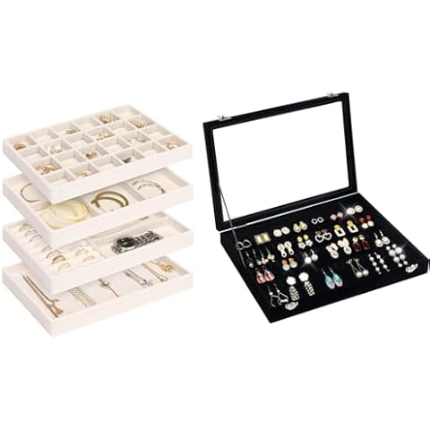Jenseits 4 Jewelry Organizer Drawer Insert, Stackable Velvet Jewelry Tray Organizer Display Case Storage Containers,Earring Organizer Tray, Earring Box with Clear Lid 80 Slots Velvet Drawer Cover