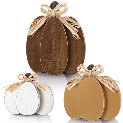 Ferraycle 3 Pcs Fall Pumpkin Decor Fall Wooden Signs 3D Pumpkin T...