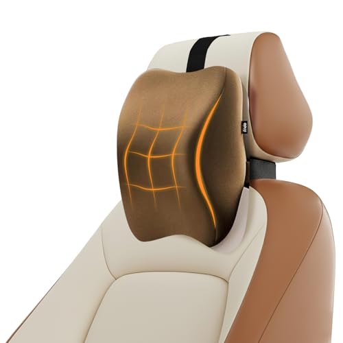 Image of WELLGIVER Orthopedic Memory Foam Car Neck Rest Pillow - Cervical Support Cushion for Neck Pain Relief, Adjustable Strap - Universal Fit for All Cars | TAN Velvet | Pack of 2