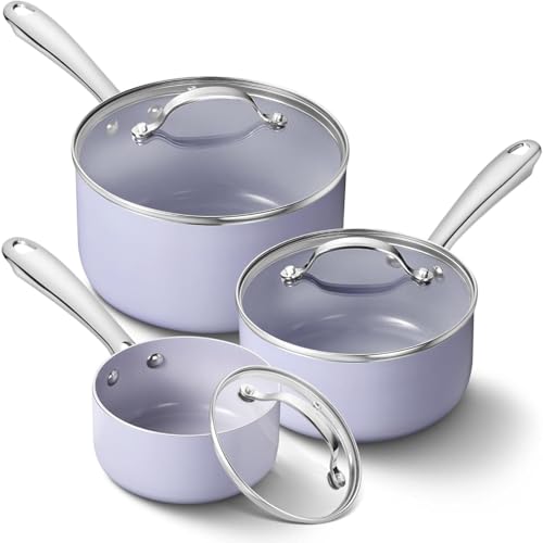 Juego de cacerolas antiadherentes de 1, 2 y 3 cuartos con tapa, olla pequeña, revestimiento cerámico, menos aceite y fácil de limpiar, mango de acero inoxidable
