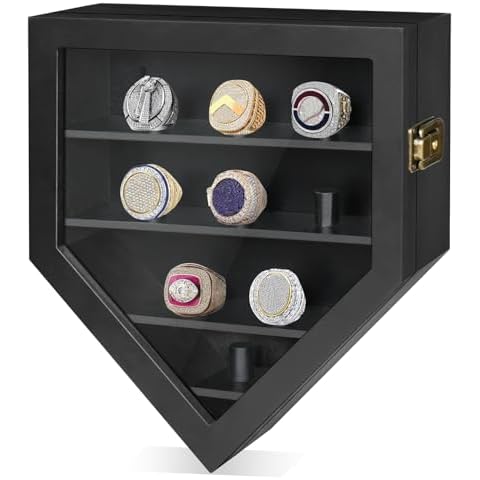Championship Ring Display Case, 9 Ring Posts Sports Ring Holder, Wall Mounted Wooden Shadow Box for Baseball, Football, Softball Award Rings Fan Souvenirs, Ring Display Case for Championship Rings Cover