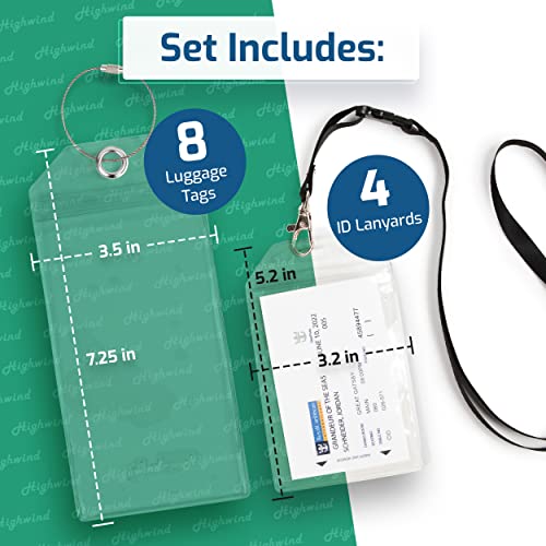 Image of Highwind Pack of 8 Clear Luggage Tags for Suitcases and 4 ID Holders - Waterproof and Reusable Bag Tags and Lanyards for Luggages - Cruise Ship Essentials Compatible with Major Cruise Lines