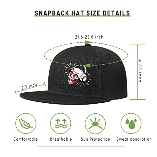 Flat Bill Hat For Men Rock N Roll Caps Hip Hop Hats Classic Skull Earphone Black Snapback Hats For Boys Teen Flat Brim Adjustable Baseball Cap Snap Backpack Dj #TOP1
