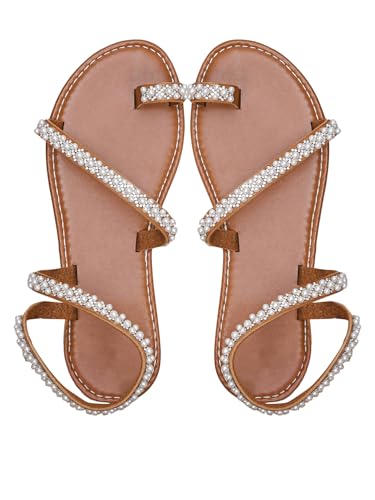 GORGLITTER Women's Pearl Strappy Flat Sandals Beaded Ankle Strap Toe Ring Trendy Dressy 2025 Sandal