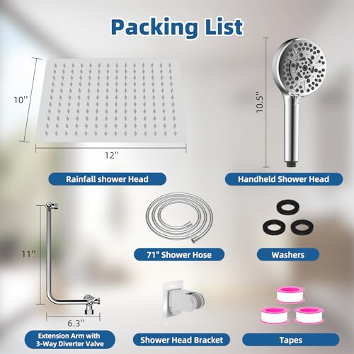 Image of 12 inch Metal Rainfall Shower Head with 10-Mode Handheld, Chrome