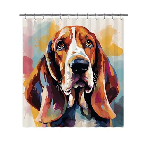 Ganshan Bi Lovely Basset Hound Dog Shower Curtain Colorful Painting Dog Puppy Pet Animal Print Bath Curtains for Bathroom Home Decoration with 12 Hooks 66x72 Inch White Style 1