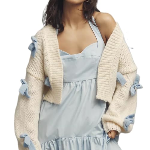 Women's 3D Bows Crop Cardigan Long Sleeve Drop Shoulder Open Front Knitted Cute Sweater Bolero