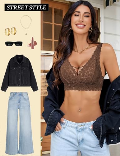 Image of Avidlove Lace Bralette for Women Sexy Unpadded and Unlined Wireless Bra V Neck Criss Cross Everyday Lingerie Bralettes