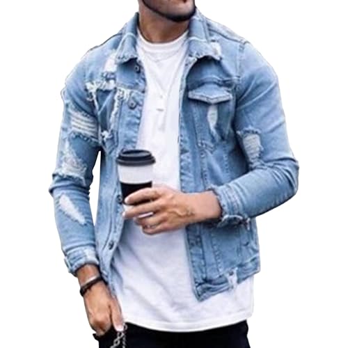 Men's Classic Fashion Distressed Jean Jackets Vintage Slim Fit Ripped Denim Jacket Destroyed Trucker Jeans Coat (Light Blue,5X-Large)