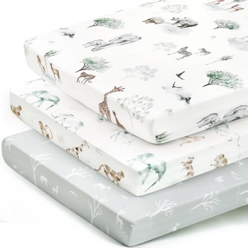 Stretchy Ultra Soft Jersey Knit Pack n Play Sheets Set 3 Pack, Portable/Mini Crib Sheets for Girls and Boys, Universal Fit for Pack N Plays Safe and Snug, Stylish African Savannah Animals Pattern