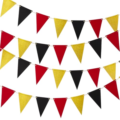 Image of MOWO Gold Black and Red Pennant Banner Paper Bunting, 30pc, 20 feet | Birthday Graduation Retirement New Year's Valentine's Day Party Hanging Decoration, Pack of 30 Counts Pennant, 20 feet