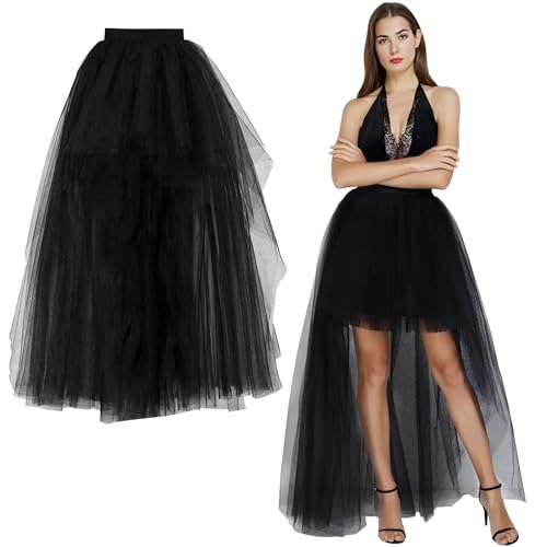 Schwarzer Tüllrock Damen,Lange Tüll Rock Schwarz Asymmetrisch Mehrlagig Spitze Schwarzer Rock Halloween Damen vorne Kürzer,Hinten Länger 43 110cm für Halloween Steampunk Gothic Rockabilly
